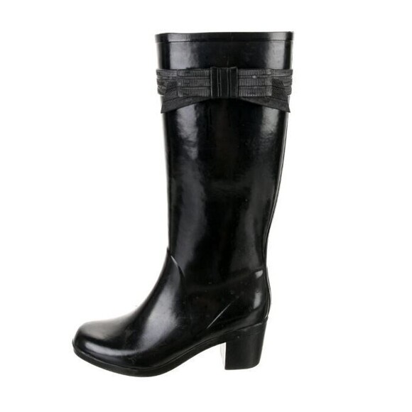 Kate Spade Rain Boots Randi Too Tall Black Rubber Heeled Bow Waterproof 8 - Picture 1 of 10